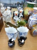 A PAIR OF MODERN STAFFORDSHIRE STYLE CHIMNEY DOGS, PLUS JASPERWARE VASES, CAMPANA VASES AND