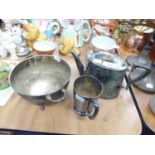 AN ENGRAVED ELECTROPLATE OVAL TEAPOT; AN ELECTROPLATE HALF PINT TANKARD AND AN ELECTROPLATE CIRCULAR