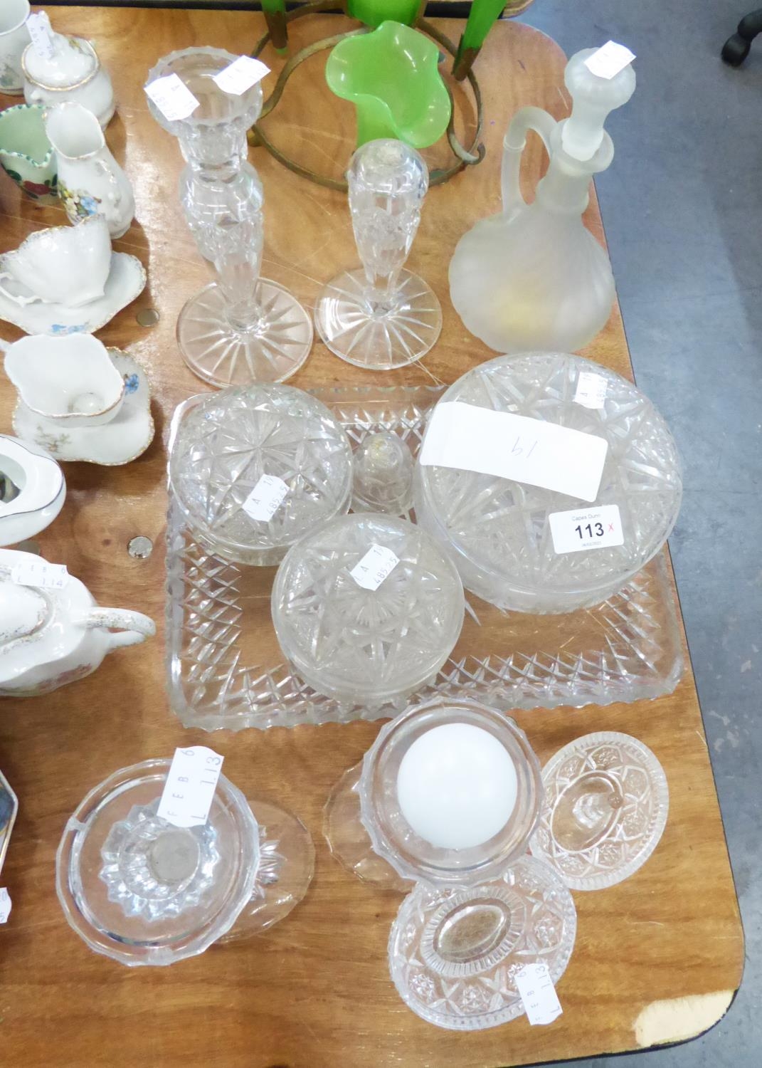 CUT GLASS DRESSING TABLE WARES, INCLUDING ONE CANDLESTICK AND THE OBLONG TRAY