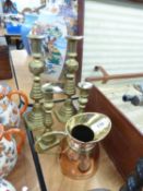 TWO PAIRS OF BRASS CANDLESTICKS AND A BRASS CONICAL JUG