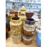 THREE WEST GERMAN STYLISH MOULDED POTTERY CYLINDRICAL VASES, AND A SIMILAR JUG, 18” (45.7CM) HIGH