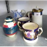 A PAIR OF 19TH CENTURY ENGLISH CHINA MUGS WITH PRINTED AND PAINTED CHINOISERIE DECORATION; TWO SMALL