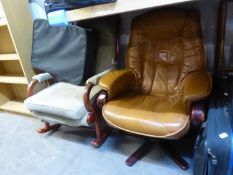 BENTWOOD STYLE MAHOGANY ROCKING CHAIR AND A MODERN BROWN LEATHER SWIVEL CHAIR (2)