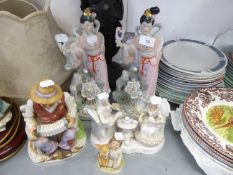 TWO MODERN PORCELAIN GEISHA FIGURES; CONTINENTAL CHINA GROUP, COURTIER AND LADY TAKING TEA; A BISQUE