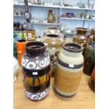 FOUR WEST GERMAN STYLISH POTTERY VASES, CYLINDRICAL OR NEAR, 16” (40.6CM) HIGH AND VERY SLIGHTLY