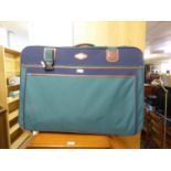 REVELATION GREEN CANVAS LARGE SUITCASE WITH INTERIOR FITTINGS FOR TWO SUITS, BROWN HIDE TRIM AND TWO