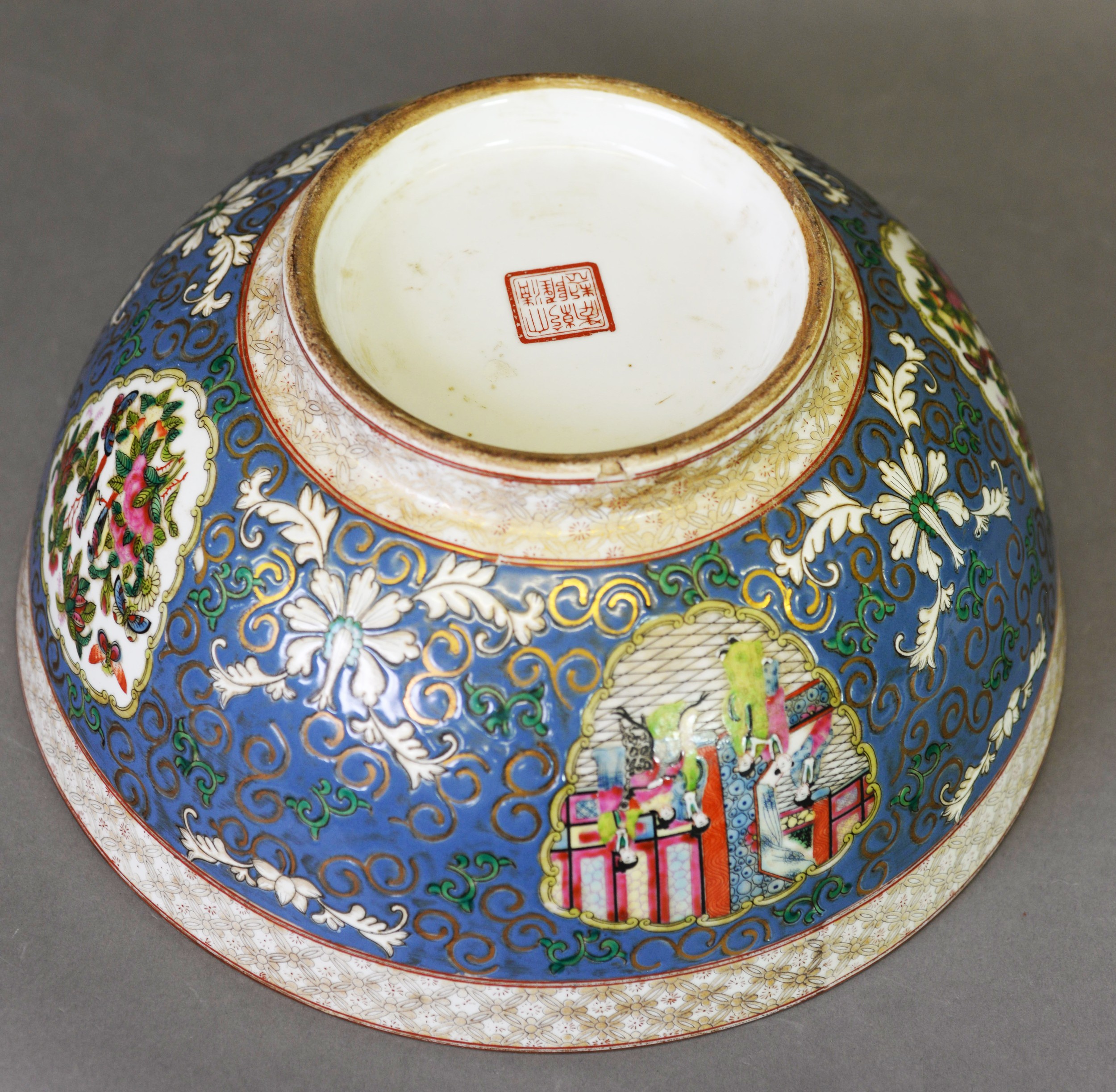 A large 20th Century Chinese canton famille rose porcelain bowl, enamelled in reserves on - Image 2 of 2