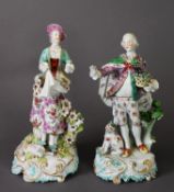 PAIR OF PATCH PERIOD DERBY FIGURE GROUPS, as a gentleman and lady in 18th century dress, he with