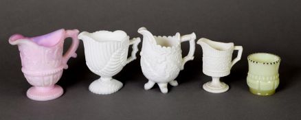 VICTORIAN ‘LOUIS XV’ WHITE VITRO-PORCELAIN OR MILK GLASS CREAMER JUG, with pink slip and applied