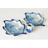 PAIR OF COPELAND STYLE CREAMWARE LEAF-SHAPED PICKLE DISHES, decorated with country house landscapes,