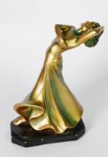 GUISEPPE LEONARDI, ART DECO PAINTED PLASTER FEMALE FIGURE, in gold and green, modelled in stylised