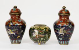 PAIR OF EARLY 2OTH CENTURY CLOISONNE BALUSTER VASE AND COVERS, decorated with fenghuang fowl and