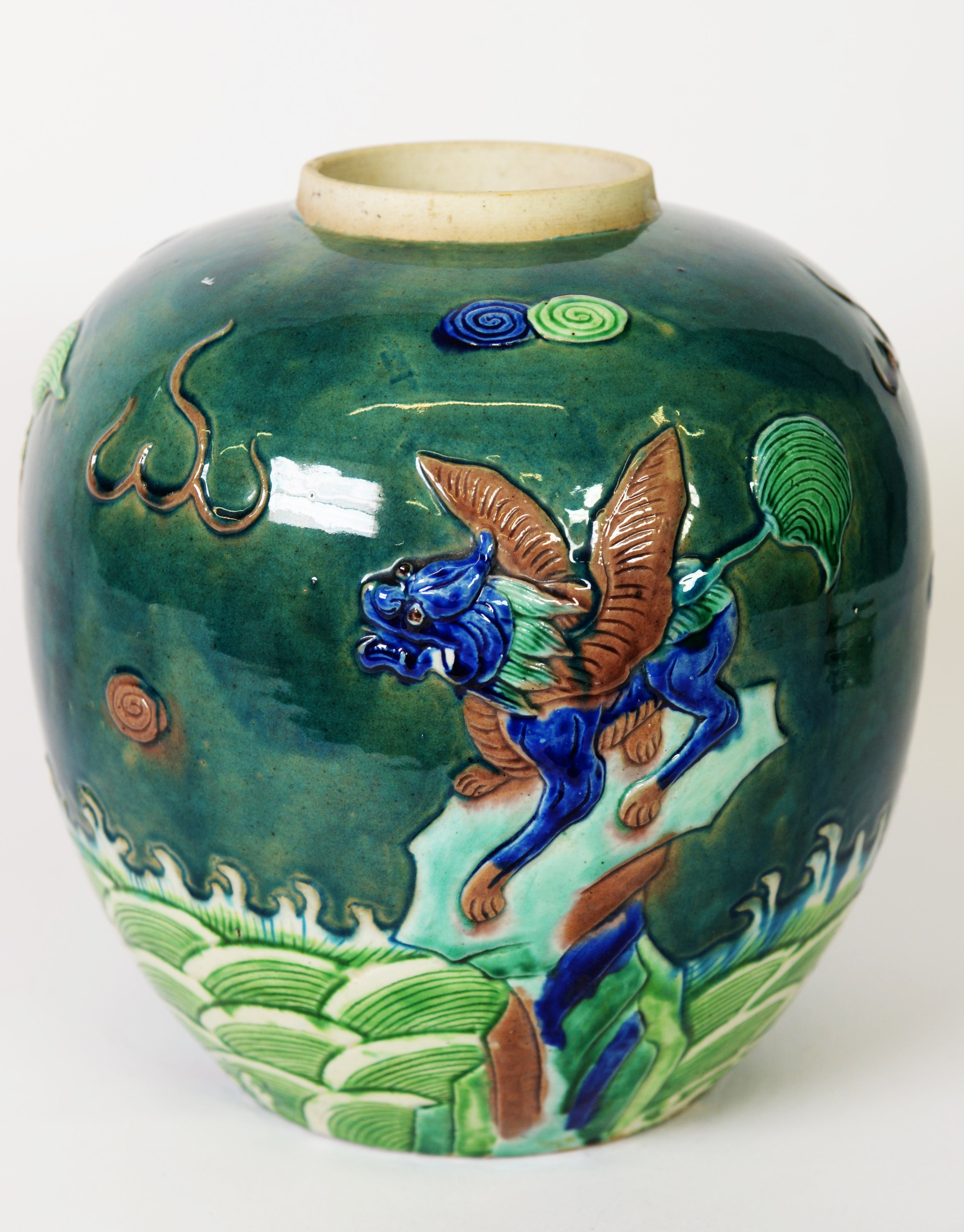 EARLY 19TH CENTURY CHINESE PORCELAIN GINGER JAR, polychrome relief decoration in the form of - Image 2 of 4