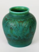 ART DECO ROYAL LANCASTRIAN SQUAT BALUSTER VASE, with painted relief decoration to a green ground,