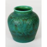 ART DECO ROYAL LANCASTRIAN SQUAT BALUSTER VASE, with painted relief decoration to a green ground,