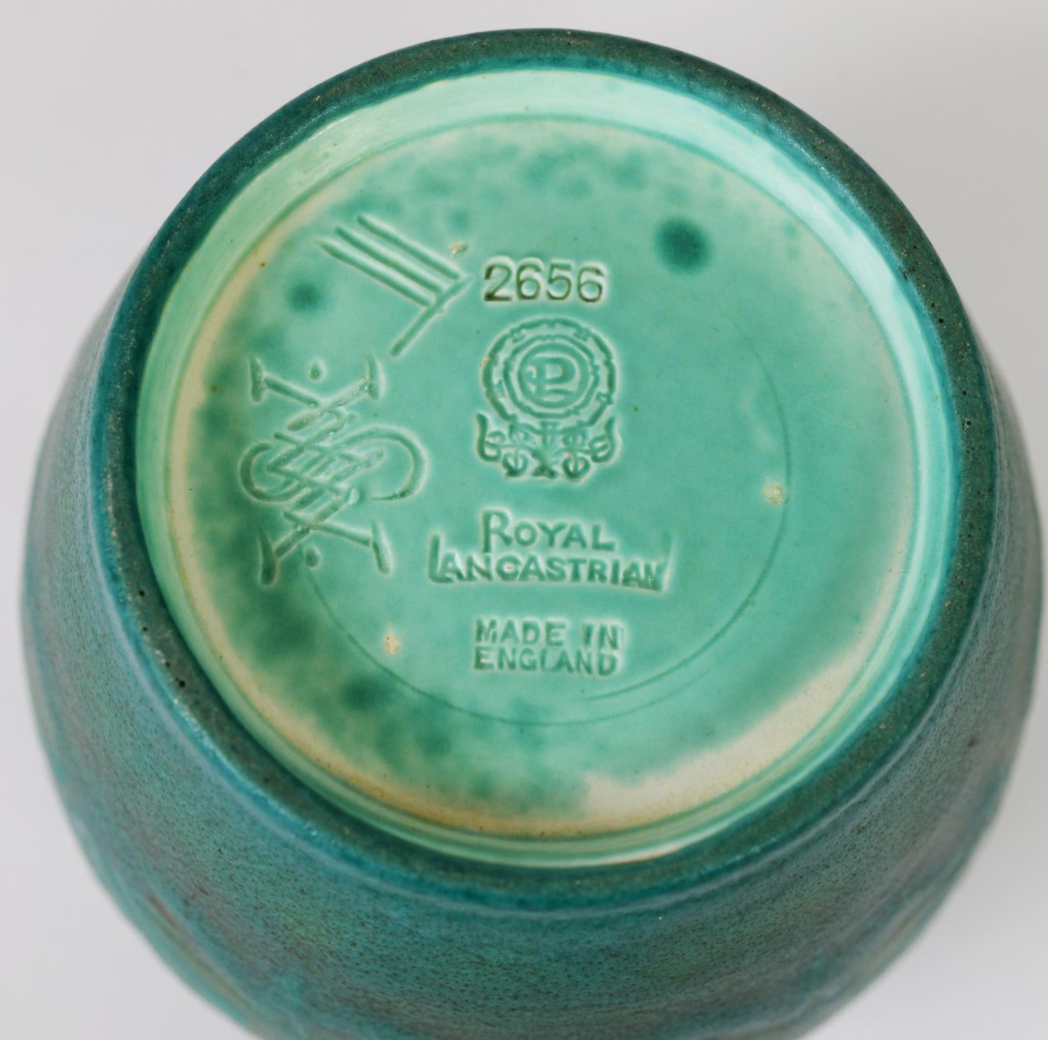 ART DECO ROYAL LANCASTRIAN SQUAT BALUSTER VASE, with painted relief decoration to a green ground, - Image 2 of 2