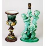A GREEN GLAZED AQUATIC THEME ITALIAN LAMP BASE BY 'PRECIOSA', with two oceanids grappling with a