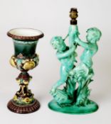 A GREEN GLAZED AQUATIC THEME ITALIAN LAMP BASE BY 'PRECIOSA', with two oceanids grappling with a