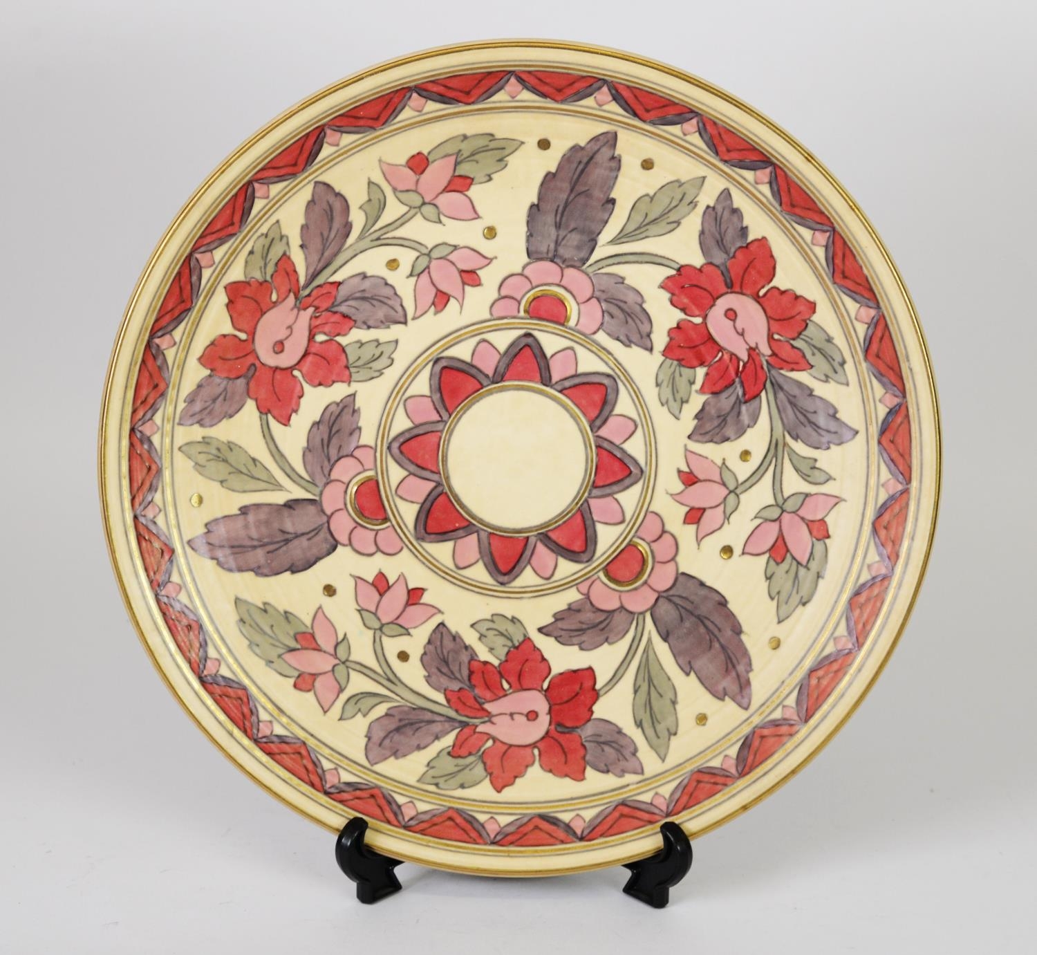 LARGE ART DECO CERAMIC TUBE LINED CHARGER BY CHARLOTTE RHEAD FOR CROWN DUCAL, in dusky pinks,