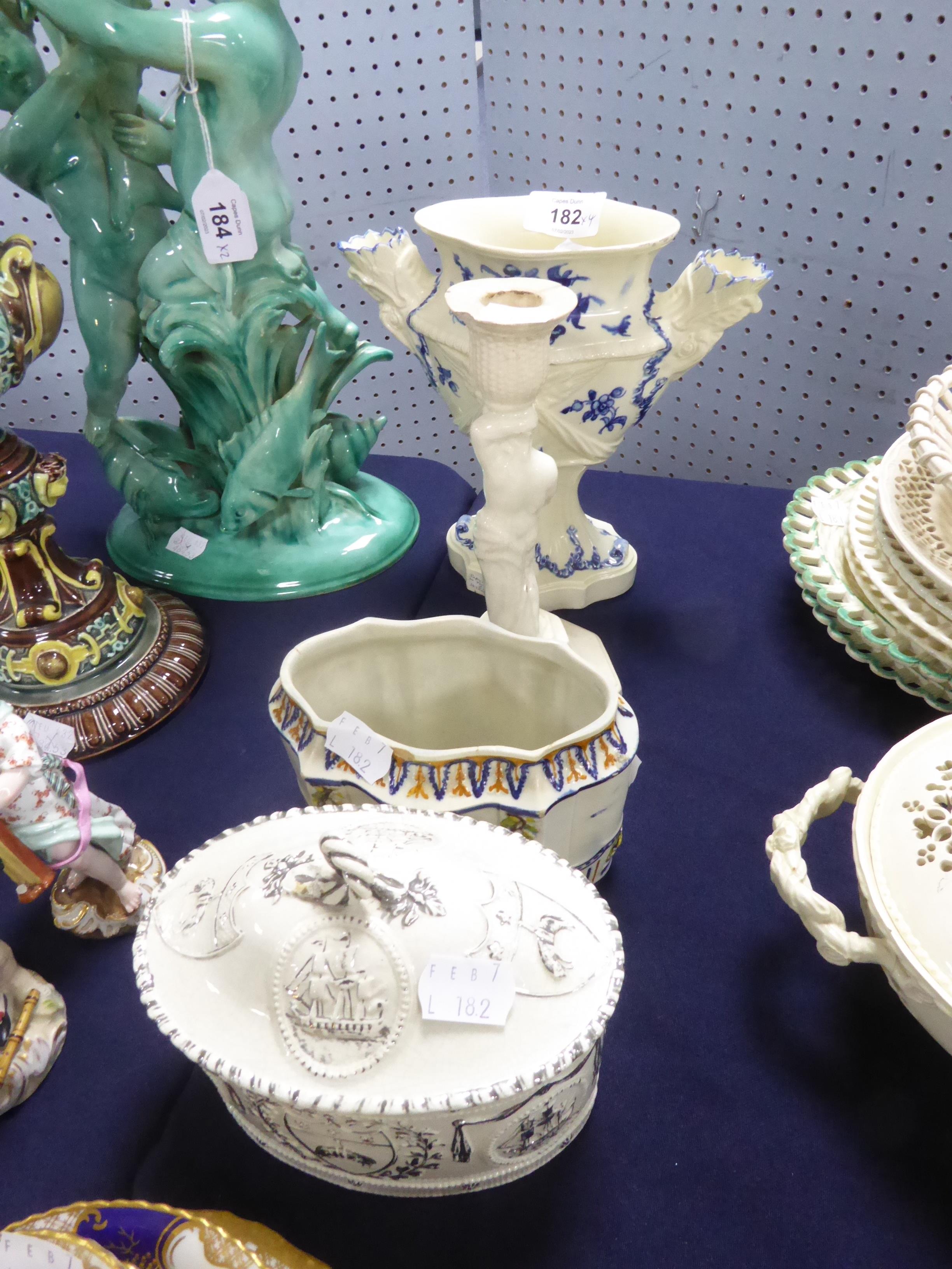 FOUR PIECES OF ENGLISH CREAMWARE, including a double-spouted vase, a serpentine caddy lacking cover, - Image 2 of 4