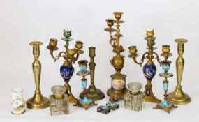 PAIR OF 19TH CENTURY GILT BRASS AND BLEU CELESTE ENAMEL CANDLESTICKS, plus a pair of later three