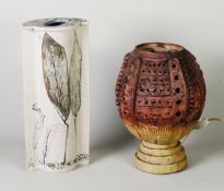 BERNARD ROOKE MOULDED AND PIERCED POTTERY TABLE LAMP, of circular form with conforming steeped base,