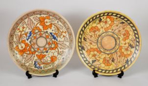 TWO MEDIUM SIZED ART DECO CERAMIC TUBE LINED CHARGERS BY CHARLOTTE RHEAD FOR CROWN DUCAL, both in