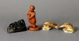 THREE ORIENTAL ITEMS TO INCLUDE: a boxwood carved figure with character marks to the base, a