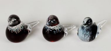 THREE LASI-KOSTAMO, FINLAND, ART GLASS BIRDS, one with maker's label, another with part label