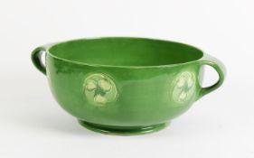 MOORCROFT FOR LIBERTY & Co, FLAMMINIAN WARE GREEN GLAZED TWO HANDLED POTTERY BOWL, of footed form