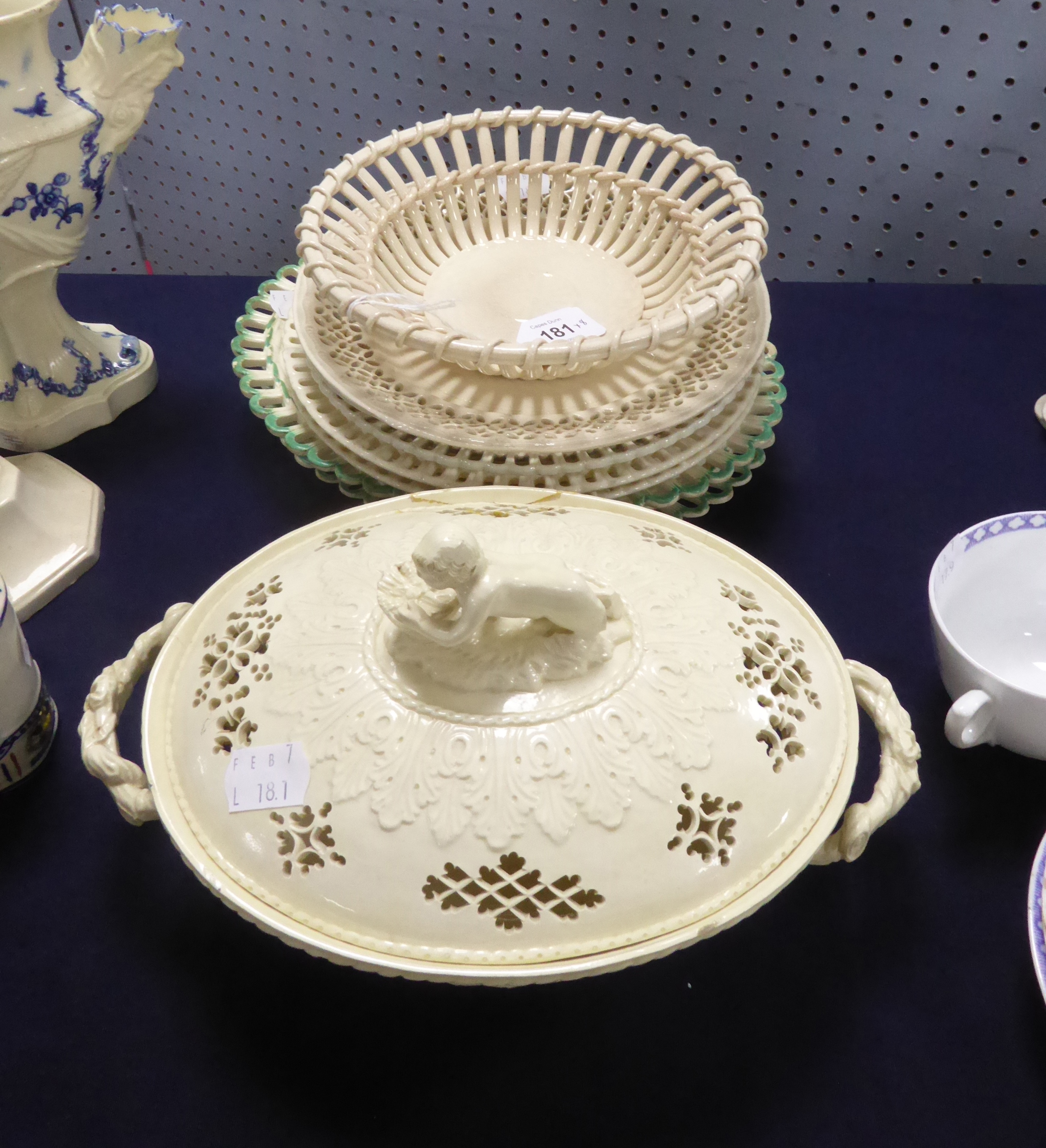 A COLLECTION OF 19TH CENTURY CREAMWARE, including plates, fruit basket, and reticulated dish and - Image 3 of 5