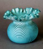 19TH CENTURY HAND-BLOWN NAILSEA STYLE LATTICINO BLUE GLASS FRILL-EDGED VASE, with ground pontil