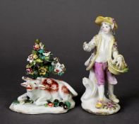 UNMARKED EARLY DERBY FIGURE GROUP OF A YOUNG GENTLEMAN GATHERING FLOWERS, plus another Patch