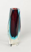 MURANO GLASS MANDRUZZATO PERIOD RED/BLUE SOMMERSO GEOMETRIC VASE with facet cut panels, 20.5cm high