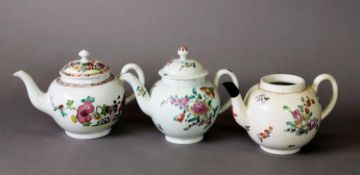 THREE LATE 18TH CENTURY WORCESTER STYLE TEAPOTS, two with covers, decorated in polychrome enamel