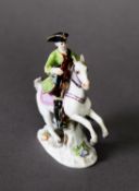 19TH CENTURY MEISSEN MINIATURE FIGURE, as a figure in tricorn hat mounted on rearing horse with