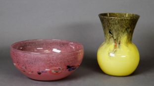 MONART/VASART STYLE PINK GLASS PUDDING BOWL, together with similar yellow and grey glass vase,