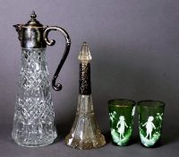 19TH CENTURY SILVER MOUNTED CUT GLASS PERFUME DECANTER, moulded glass and EPNS mounted claret jug,