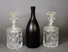 PAIR OF ART DECO LEAD CRYSTAL DECANTERS, in the manner of Stuart, with mushroom shaped stoppers,