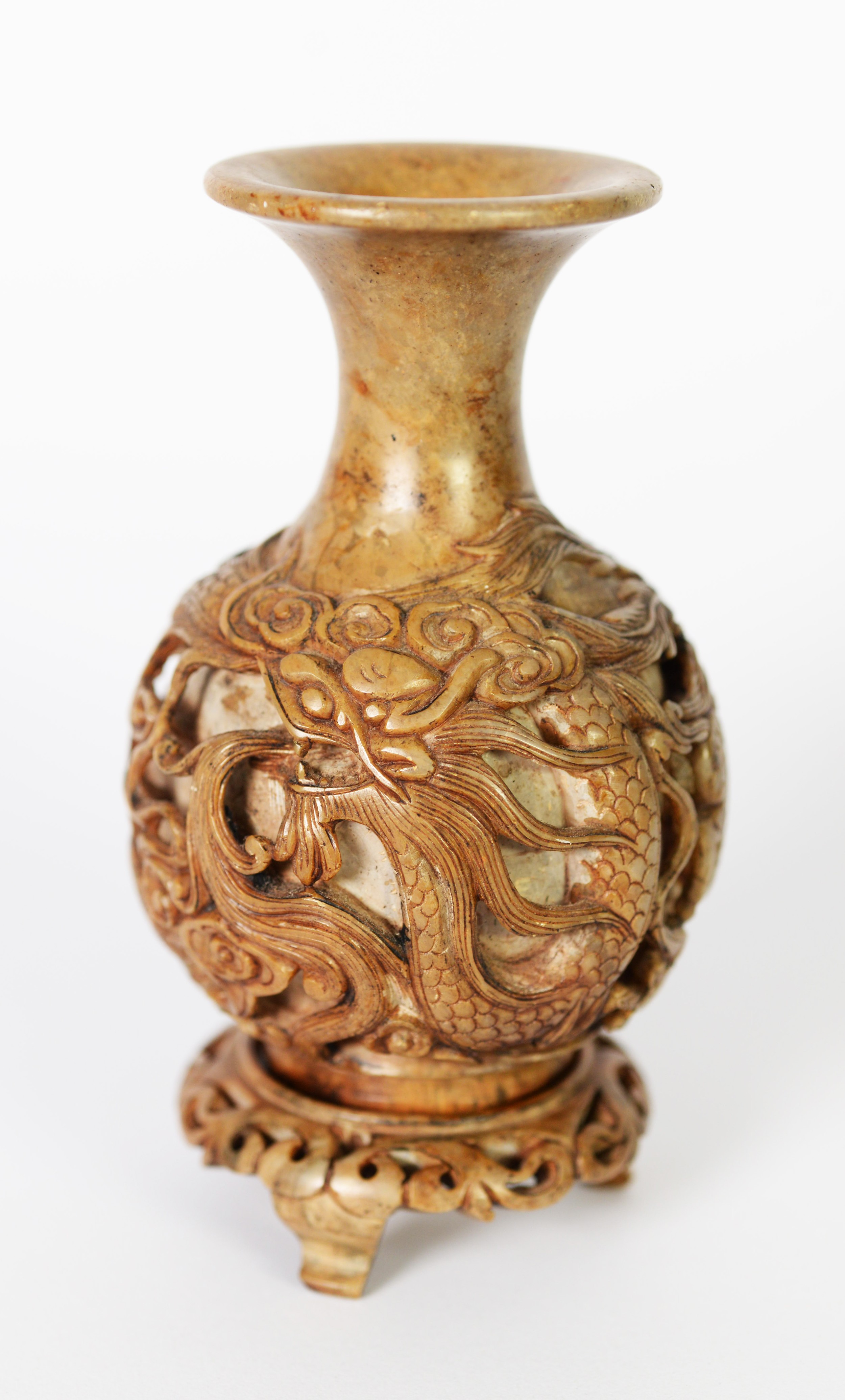 LATE 19th/EARLY 20th CENTURY ORIENTAL CARVED SOAPSTONE DOUBLE WALLED VASE and the three-legged stand