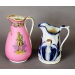 TWO 19TH CENTURY COMMEMORATIVE JUGS, one with pink ground celebrating Josiah Wedgwood, the other