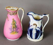 TWO 19TH CENTURY COMMEMORATIVE JUGS, one with pink ground celebrating Josiah Wedgwood, the other