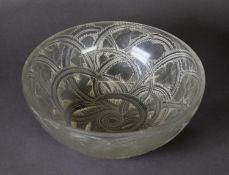 A LALIQUE ‘PINSONS’ FROSTED AND CLEAR GLASS BOWL, decorated with finches within panels of stylized