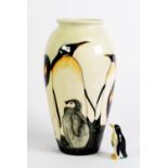 SALLY TUFFIN FOR MOORCROFT, SECOND QUALITY, LIMITED EDITION PENGUIN PATTERN TUBE LINED POTTERY VASE,