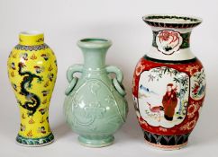 LATE 20TH CENTURY CHINESE PORCELAIN FAMILLE VERT BALUSTER VASE, with figural and fan shaped reserves