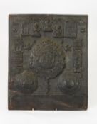 19TH CENTURY COPPER RELIEF MANDALA, or votive thangka panel, with central astrological zodiac boss