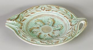 BURLEIGH WARE ART DECO TWIN HANDLED SHALLOW GREEN DISH of foliate design, 32cm wide