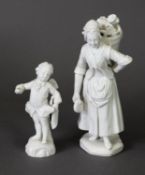 19TH CENTURY ROYAL VIENNA BLANC DE CHINE FIGURE GROUP OF WOMAN WITH BASKET OF SCRAP, marked to the