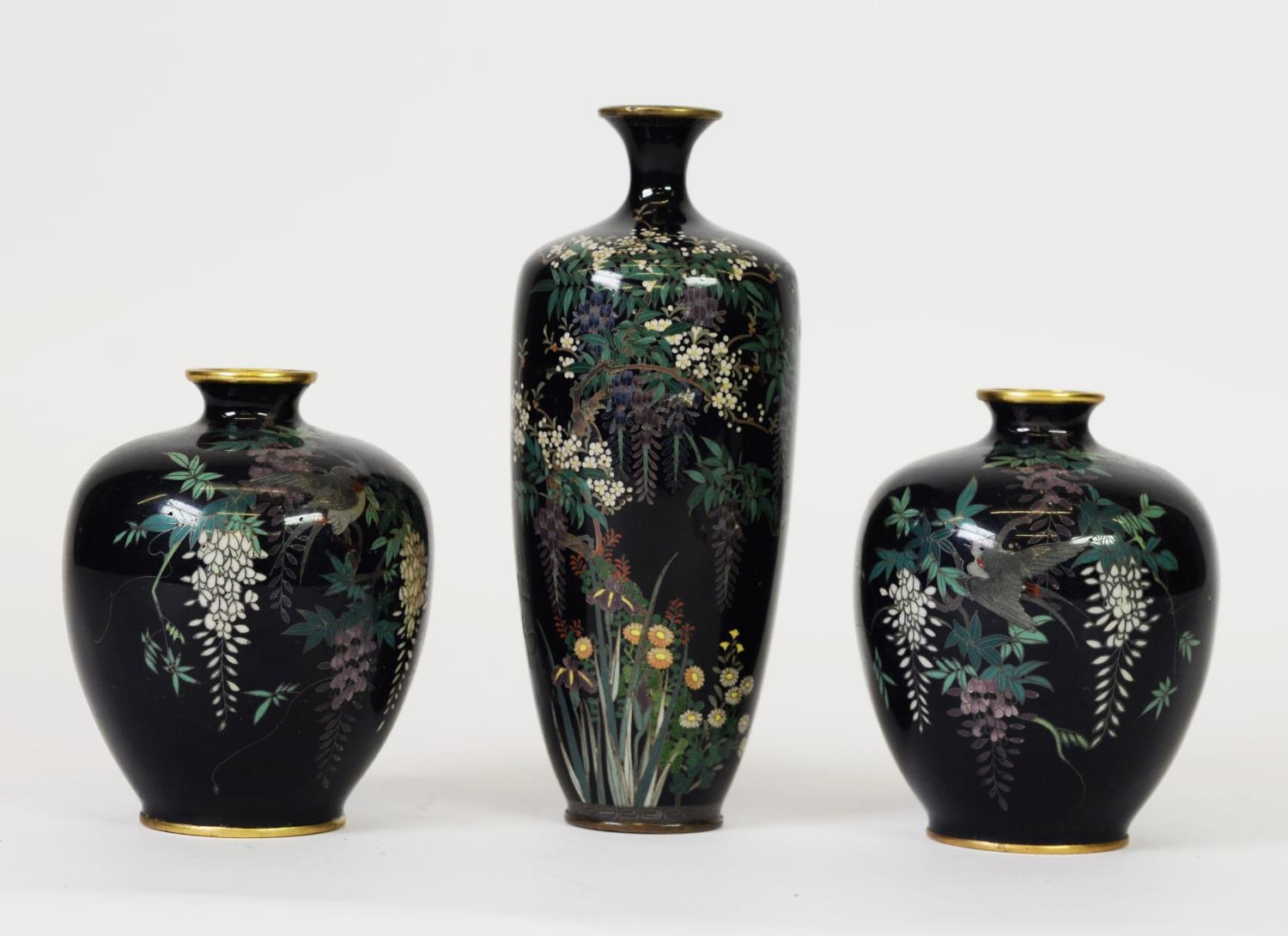 PAIR OF OBOVOID VASES, decorated with starlings amongst wysteria, plus matching bottle vase AF, 6 ¼”