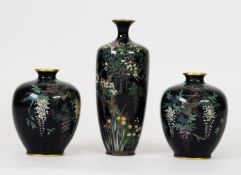PAIR OF OBOVOID VASES, decorated with starlings amongst wysteria, plus matching bottle vase AF, 6 ¼”